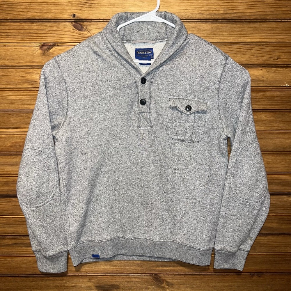 Pendleton Sweater Mens Size Medium Elbow Patch Cowl Neck Pullover Gray Cotton